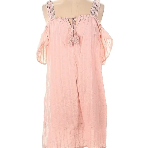 Aerie Off The Shoulder Mini Dress Beachy Cover Up Coastal Bohemian Feminine Pink - Picture 1 of 1